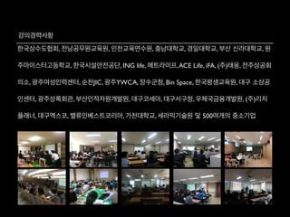 강의경력사항
한국상수도협회, 전남공무원교육원, 인천교육연수원, 충남대학교, 경일대학교, 부산 신라대학교, 원
주마이스터고등학교, 한국시설안전공단, ING life, 메트라이프,ACE Life, iFA, (주)태웅, 전주상공회
의소, 광주여성인력센터, 순천JIC, 광주YWCA, 장수군청, Bin Space, 한국평생교육원, 대구 소상공
인센터, 광주상록회관, 부산인적자원개발원, 대구코세아, 대구서구청, 우체국금융개발원, (주)리치
플래너, 대구엑스코, 밸류인베스트코리아, 가천대학교, 세라믹기술원 및 500여개의 중소기업
 