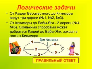Логические задачи
• От Кащея Бессмертного до Кикиморы
ведут три дороги (№1, №2, №3).
• От Кикиморы до Бабы-Яги - 2 дороги (№4,
№5). Сколькими способами может
добраться Кащей до Бабы-Яги, заходя в
гости к Кикиморе
ПРАВИЛЬНЫЙ ОТВЕТ
 