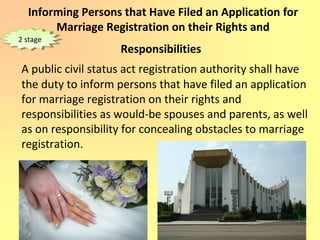 Informing Persons that Have Filed an Application for
Marriage Registration on their Rights and
Responsibilities
A public civil status act registration authority shall have
the duty to inform persons that have filed an application
for marriage registration on their rights and
responsibilities as would-be spouses and parents, as well
as on responsibility for concealing obstacles to marriage
registration.
2 stage2 stage
 