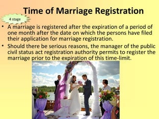Time of Marriage Registration
• A marriage is registered after the expiration of a period of
one month after the date on which the persons have filed
their application for marriage registration.
• Should there be serious reasons, the manager of the public
civil status act registration authority permits to register the
marriage prior to the expiration of this time-limit.
4 stage4 stage
 