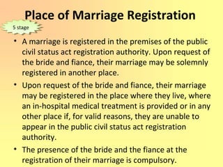 Place of Marriage Registration
• A marriage is registered in the premises of the public
civil status act registration authority. Upon request of
the bride and fiance, their marriage may be solemnly
registered in another place.
• Upon request of the bride and fiance, their marriage
may be registered in the place where they live, where
an in-hospital medical treatment is provided or in any
other place if, for valid reasons, they are unable to
appear in the public civil status act registration
authority.
• The presence of the bride and the fiance at the
registration of their marriage is compulsory.
5 stage5 stage
 