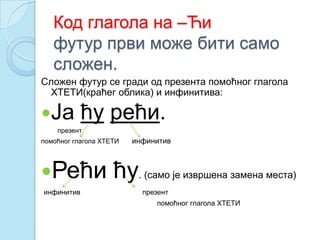 Код глагола на –Ћи
футур први може бити само
сложен.
Сложен футур се гради од презента помоћног глагола
ХТЕТИ(краћег облика) и инфинитива:
Ја ћу рећи.
презент
помоћног глагола ХТЕТИ инфинитив
Рећи ћу. (само је извршена замена места)
инфинитив презент
помоћног глагола ХТЕТИ
 