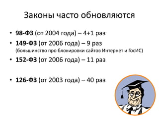 Законы часто обновляются
• 98-ФЗ (от 2004 года) – 4+1 раз
• 149-ФЗ (от 2006 года) – 9 раз
(большинство про блокировки сайтов Интернет и ГосИС)
• 152-ФЗ (от 2006 года) – 11 раз
• 126-ФЗ (от 2003 года) – 40 раз
 