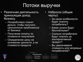 Потоки выручки
• Различная деятельность
приносящая доход
бизнесу.
– Потребители платят
деньги, чтобы получить
Ценностное предложение
от бизнеса
– Получение оплаты по
готовности покупателя
– Определение цены на
основании ценности, а не
стоимости продукта
• Набросок (общие
черты):
– За какие особенности
будет платить
потребитель?
– Какие услуги будут
бесплатными?
– Сколько потребители
будут платить за
альтернативный
продукт?
– Вы увеличиваете
стоимость для непрямых
потребителей?
 