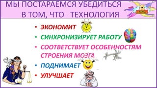 МЫ ПОСТАРАЕМСЯ УБЕДИТЬСЯ
В ТОМ, ЧТО ТЕХНОЛОГИЯ
• ЭКОНОМИТ
• СИНХРОНИЗИРУЕТ РАБОТУ
• СООТВЕТСТВУЕТ ОСОБЕННОСТЯМ
СТРОЕНИЯ МОЗГА
• ПОДНИМАЕТ
• УЛУЧШАЕТ
 