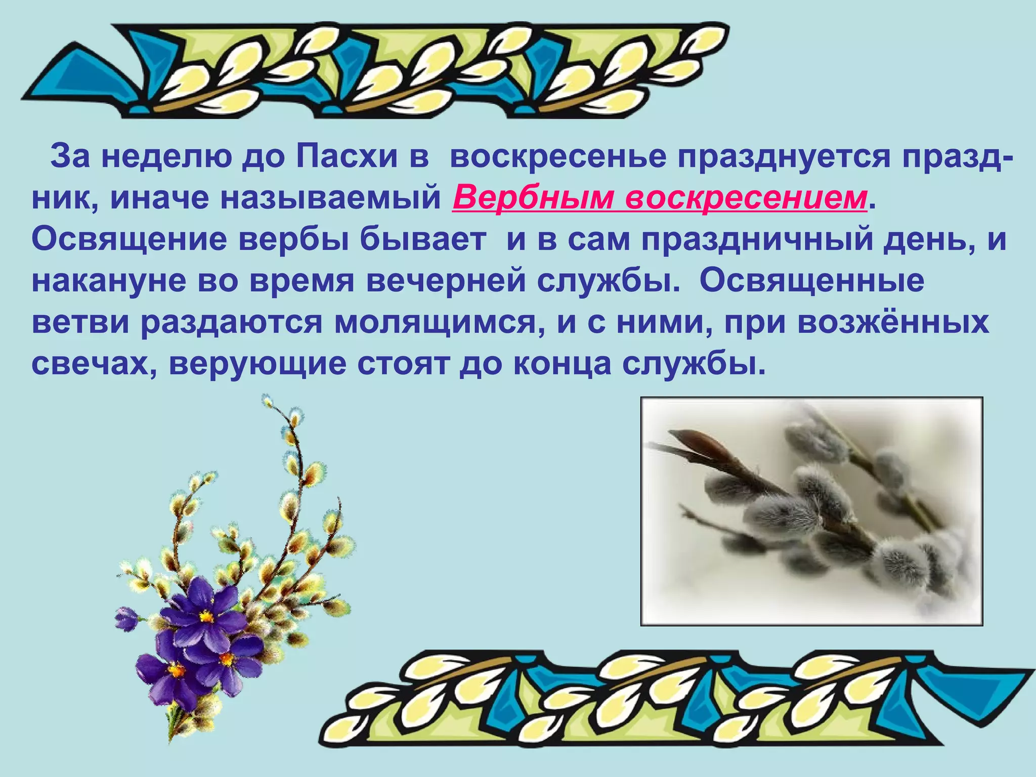 За неделю до Пасхи в воскресенье празднуется празд-
ник, иначе называемый Вербным воскресением.
Освящение вербы бывает и в сам праздничный день, и
накануне во время вечерней службы. Освященные
ветви раздаются молящимся, и с ними, при возжённых
свечах, верующие стоят до конца службы.
 