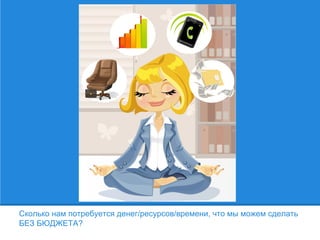 Сколько нам потребуется денег/ресурсов/времени, что мы можем сделать
БЕЗ БЮДЖЕТА?
 