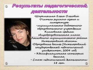 •Шарамыгина Елена Олеговна
•Учитель русского языка и
литературы
•муниципального бюджетного
образовательного учреждения
Кисловская средняя
общеобразовательная школа
Лысковского муниципального района
Нижегородской области
•Образование высшее (Нижегородский
государственный педагогический
университет, 2004 год)
• Квалификационная категория:
высшая.
• Стаж педагогической деятельности:
18 лет.
 