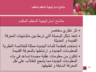 13
•‫مختصر‬ ‫نظري‬ ‫نثر‬
•‫المعرفة‬ ‫متشابهات‬ ‫بين‬ ‫تربط‬ ‫التي‬ ‫الوصلة‬ ‫شكل‬ ‫تتخذ‬
‫الحديثة‬ ‫و‬ ‫القديمة‬
•‫النظرية‬ ‫للخالصة‬ ‫ممثلة‬ ‫الجديدة‬ ‫للمادة‬ ‫كمقدمة‬ ‫تستخدم‬
‫القديمة‬ ‫بالمعرفة‬ ‫ارتباطها‬ ‫و‬ ‫الجديدة‬ ‫للمعلومات‬.
•‫بناء‬ ‫في‬ ‫تساعد‬ ‫مجسدة‬ ‫عقلية‬ ‫معلومات‬ ‫من‬ ‫تتكون‬
‫نقل‬ ‫على‬ ‫الطالب‬ ‫يشجع‬ ‫مما‬ ‫الجديدة‬ ‫المعلومات‬
‫تطبيقها‬ ‫و‬ ‫السابقة‬ ‫المعرفة‬.
‫المتقدم‬ ‫المنظم‬ ‫استراتيجية‬ ‫مالمح‬
 