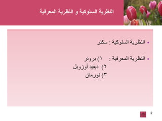 •‫النظرية‬‫السلوكية‬:‫سكنر‬
•‫المعرفية‬ ‫النظرية‬:1)‫برونر‬
2)‫أوزوبل‬ ‫ديفيد‬
3)‫نورمان‬
2
‫المعرفية‬ ‫النظرية‬ ‫و‬ ‫السلوكية‬ ‫النظرية‬
 