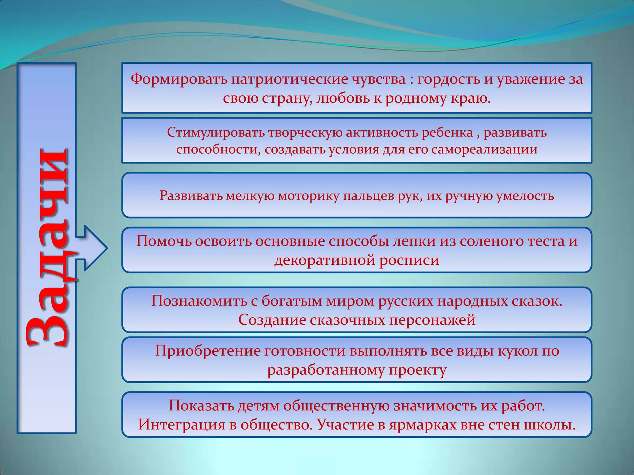 Развивать мелкую моторику пальцев рук, их ручную умелость
Формировать патриотические чувства : гордость и уважение за
свою страну, любовь к родному краю.
Стимулировать творческую активность ребенка , развивать
способности, создавать условия для его самореализации
Помочь освоить основные способы лепки из соленого теста и
декоративной росписи
Познакомить с богатым миром русских народных сказок.
Создание сказочных персонажей
Приобретение готовности выполнять все виды кукол по
разработанному проекту
Показать детям общественную значимость их работ.
Интеграция в общество. Участие в ярмарках вне стен школы.
 