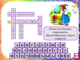 FokinaLida.75@mail.ru
Плачет на камушке,
сокрушается,
Братца Иванушку спасти
старается.
Ь
Р
Ы
Т
А
Г
Б
О
Я
Л
Е
М
Е
К
Й
Е
Щ
А
О КОБОЛК
КШУНЛ
 