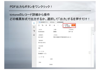 PDF出力もボタンをワンクリック！	
kintoneのレコード詳細から操作	
どの帳票形式で出力するか、選択して「出力」するを押すだけ！	
 