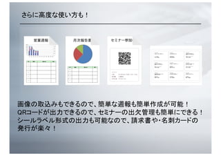 さらに高度な使い方も！	
画像の取込みもできるので、簡単な週報も作成が可能！	
QRコードが出力できるので、セミナーの出欠管理も簡単にできる！	
シールラベル形式の出力も可能なので、宛名シールや名刺カードの	
発行が楽々！	
さらに、複数枚帳票にも対応しているので、２枚もの、3枚ものの	
帳票も出力可能！	
お見積り
ABC株式会社様	
下記のように	
お見積り致します	
合計&emsp;&emsp;&emsp;&emsp;&emsp;
 