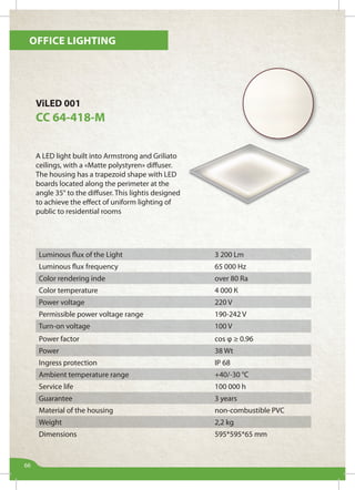Office lighting
66
Luminous flux of the Light 3 200 Lm
Luminous flux frequency 65 000 Hz
Color rendering inde over 80 Ra
Color temperature 4 000 К
Power voltage 220 V
Permissible power voltage range 190-242 V
Turn-on voltage 100 V
Power factor cos φ ≥ 0.96
Power 38 Wt
Ingress protection IP 68
Ambient temperature range +40/-30 °С
Service life 100 000 h
Guarantee 3 years
Material of the housing non-combustible PVC
Weight 2,2 kg
Dimensions 595*595*65 mm
ViLED 001
СС 64-418-М
A LED light built into Armstrong and Griliato
ceilings, with a «Matte polystyren» diffuser.
The housing has a trapezoid shape with LED
boards located along the perimeter at the
angle 35° to the diffuser. This lightis designed
to achieve the effect of uniform lighting of
public to residential rooms
 
