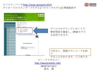 スパイス・パーク(http://www.spicepark.info/)
ダイオードのスタンダードモデル(パラメータモデル)を無償提供中
デバイスモデリングレポートで
解析精度を確認し、SPICEモデル
を活用できます。
予告なく、無償ダウンロードを終
了
することがあります。ご了承下さ
い。ビー・テクノロジー
http://www.beetech.info/
2014年4月22日
堀米 毅
 