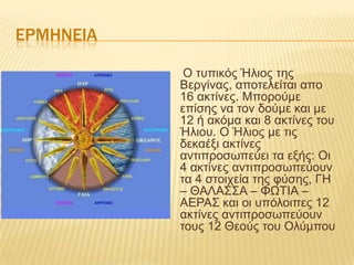 ΕΡΜΗΝΕΙΑ
Ο ηππηθόο Ήιηνο ηεο
Βεξγίλαο, απνηειείηαη απν
16 αθηίλεο. Μπνξνύκε
επίζεο λα ηνλ δνύκε θαη κε
12 ή αθόκα θαη 8 αθηίλεο ηνπ
Ήιηνπ. Ο Ήιηνο κε ηηο
δεθαέμη αθηίλεο
αληηπξνζσπεύεη ηα εμήο: Οη
4 αθηίλεο αληηπξνζσπεύνπλ
ηα 4 ζηνηρεία ηεο θύζεο, ΓΗ
– ΘΑΛΑ΢΢Α – ΦΩΣΙΑ –
ΑΔΡΑ΢ θαη νη ππόινηπεο 12
αθηίλεο αληηπξνζσπεύνπλ
ηνπο 12 Θενύο ηνπ Οιύκπνπ
 