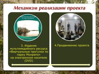 3. Издание
мультимедийного ресурса
«Виртуальные прогулки по
парку Монрепо»
на электронном носителе
(DVD)
4.Продвижение проекта
 