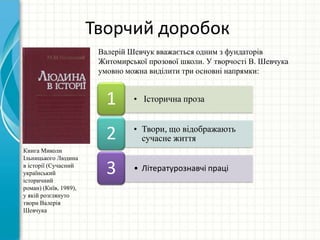 Творчий доробок
Валерій Шевчук вважається одним з фундаторів
Житомирської прозової школи. У творчості В. Шевчука
умовно можна виділити три основні напрямки:
Книга Миколи
Ільницького Людина
в історії (Сучасний
український
історичний
роман) (Київ, 1989),
у якій розглянуто
твори Валерія
Шевчука
• Історична проза1
• Твори, що відображають
сучасне життя2
• Літературознавчі праці3
 