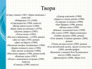 Твори
«Серед тижня» (1967, збірка оповідань і
повістей)
«Набережна 12» (1968)
«Середохрестя» (1968, повість)
«Вечір святої осені» (1969)
«Крик півня на світанку» (1979)
«Долина джерел» (1981)
«Тепла осінь» (1981)
«На полі смиренному...» (1982, роман)
«Дім на горі» (1983, роман)
«Двоє на березі» (1984)
«Маленьке вечірнє інтермеццо» (1984)
«Барви осіннього саду» (1986)
«Три листки за вікном» (1986)
«Мисленне дерево» (1986, роман-есей)
«Камінна луна» (1987)
«Птахи з невидимого острова» (1989,
повість)
«Сповідь» (1989, повість)
«Дзиґар одвічний» (1990)
«Дорога в тисячу років» (1990)
«Із вершин та низин» (1990)
«Око Прірви» (1996, роман)
«Жінка-змія» (1998)
«Юнаки з вогненної печі» (1999)
«Біс плоті» (1999, збірка оповідань)
«Срібне молоко» (2002, роман)
«Тіні зникомі. Сімейна хроніка» (2002,
роман)
«Темна музика сосон» (2003, роман)
«Сад житейський думок, трудів та почуттів»
(2003, автобіографія)
«Компанія з пивниці біля Чуднівського
мосту» (2006, повість)
«Драматургія» (2006, збірка п'єс)
 