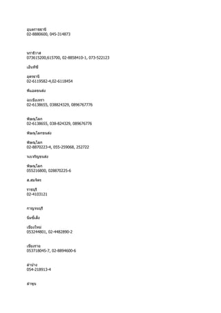 อุบลรำชธำนี
02-8880600, 045-314873
นรำธิวำส
073615200,615700, 02-8858410-1, 073-522123
เอ็นทีซี
อุดรธำนี
02-6119582-4,02-6118454
พีแอลขนส่ง
ฉะเชิงเทรำ
02-6138655, 038824329, 0896767776
พิษณุโลก
02-6138655, 038-824329, 089676776
พิษณุโลกขนส่ง
พิษณุโลก
02-8870223-4, 055-259068, 252722
จงเจริญขนส่ง
พิษณุโลก
055216800, 028870225-6
ส.สมจิตร
รำชบุรี
02-4103121
กำญจนบุรี
นิ่มซี่เส็ง
เชียงใหม่
053244801, 02-4482890-2
เชียงรำย
053718045-7, 02-8894600-6
ลำปำง
054-218913-4
ลำพูน
 