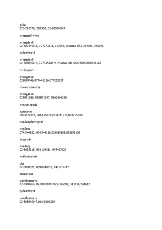 ภูเก็ต
076-212578, 218350, 02-8858460-7
สุรำษฏร์ทวีทรัพย์
สุรำษฏร์ธำนี
02-8874490-3, 077273871, 213655, เกำะสมุย 077-234381, 235295
ภูเก็ตศรีสุชำติ
สุรำษฏร์ธำนี
02-8858460-7, 077315308-9 เกำะสมุย 081-8587890,0866848102
กระบี่นครกำร
สุรำษฏร์ธำนี
028878746,077441126,077253235
กนกสยำมนครกำร
สุรำษฏร์ธำนี
028871686, 028871767, 0862668266
ภำคกลำงขนส่ง
สมทุรสำคร
0894478343, 0816168774,034711075,034714248
หำดใหญ่ชัยกำญจน์
หำดใหญ่
074-244832, 074244188,028855108,028885109
จรูญขนส่ง
หำดใหญ่
02-8653515, 024103431, 074457629
พรชัยเลยขนส่ง
เลย
02-8880521, 0898948818, 042-812217
รวมมิตรนคร
นครศรีธรรมรำช
02-8880764, 02-8882079, 075-356388, 343334,341612
ภูเก็ตศรีสุชำติ
นครศรีธรรมรำช
02-8858460-7,081-5506329
 