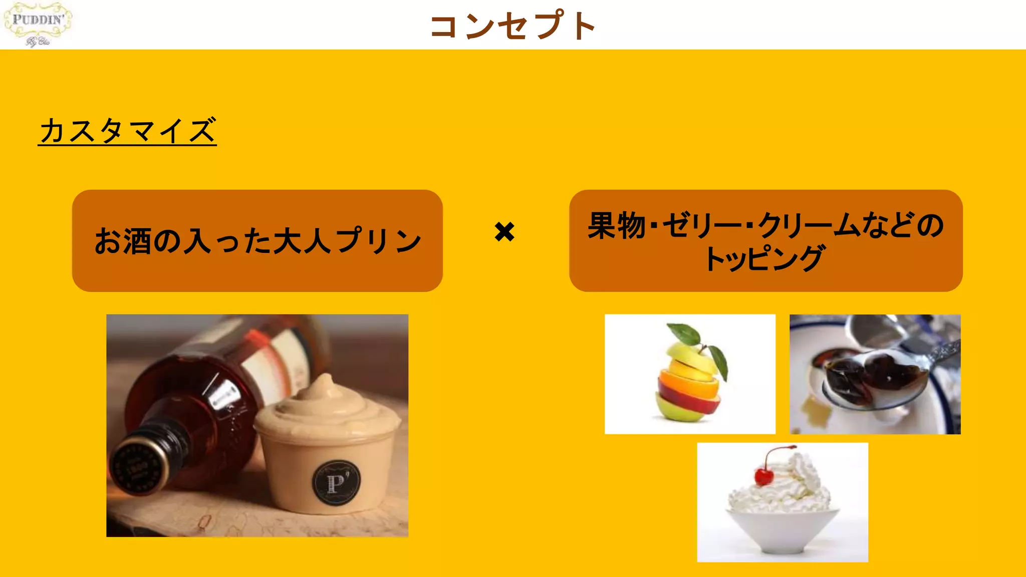 コンセプト
カスタマイズ
お酒の入った大人プリン × 果物・ゼリー・クリームなどの
トッピング
 