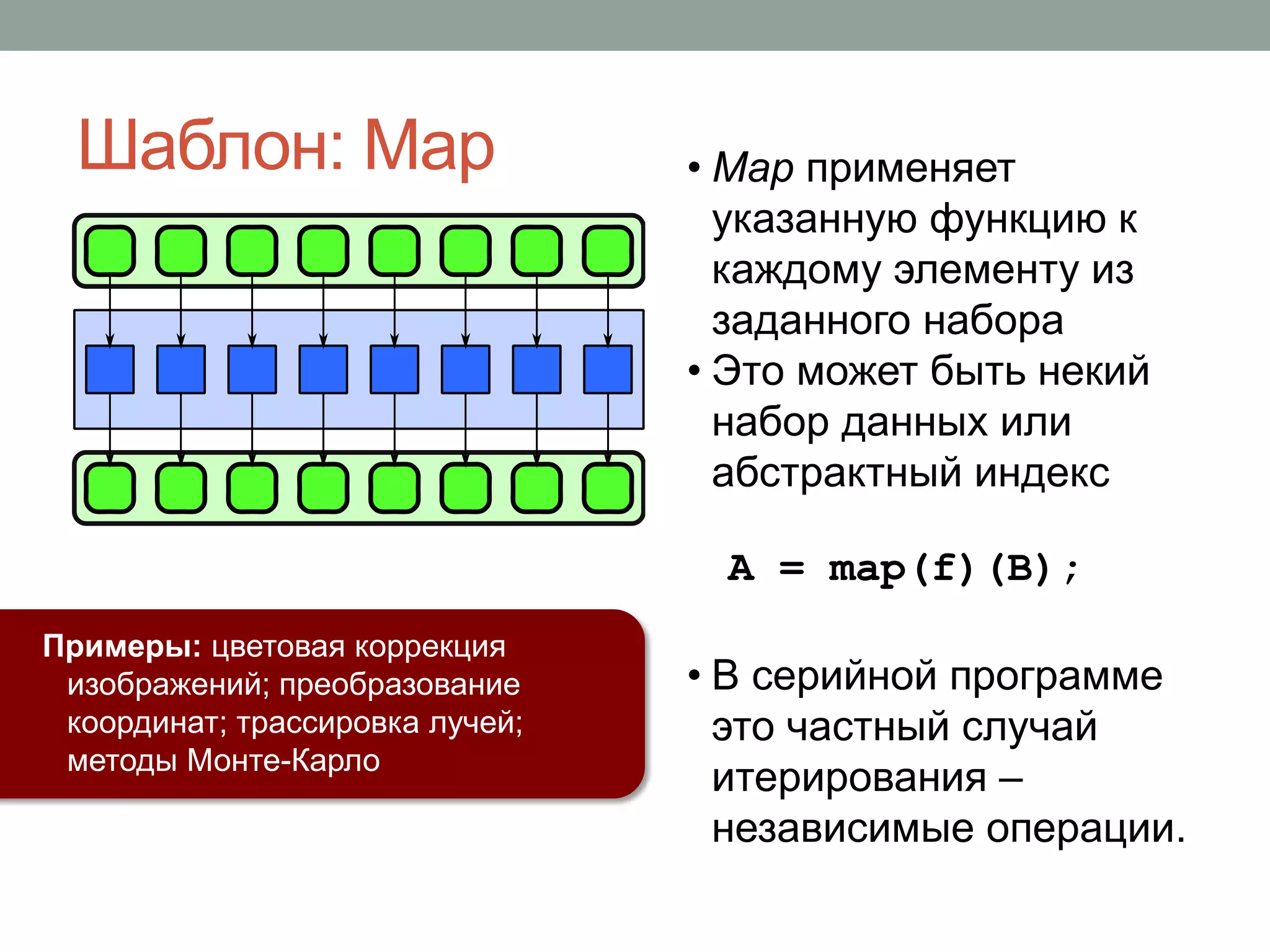 • Map применяет
указанную функцию к
каждому элементу из
заданного набора
• Это может быть некий
набор данных или
абстрактный индекс
• В серийной программе
это частный случай
итерирования –
независимые операции.
A = map(f)(B);
Примеры: цветовая коррекция
изображений; преобразование
координат; трассировка лучей;
методы Монте-Карло
Шаблон: Map
 