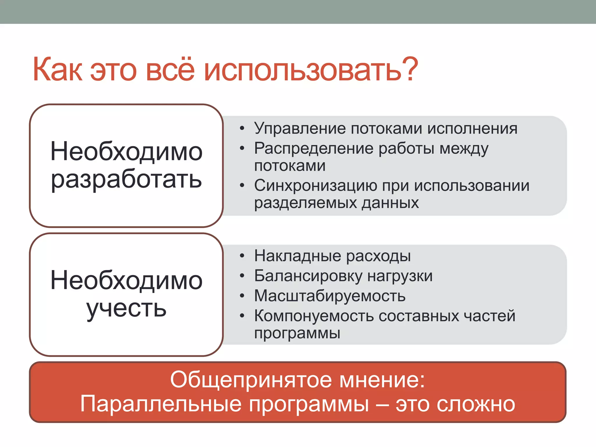 Как это всё использовать?
• Управление потоками исполнения
• Распределение работы между
потоками
• Синхронизацию при использовании
разделяемых данных
Необходимо
разработать
• Накладные расходы
• Балансировку нагрузки
• Масштабируемость
• Компонуемость составных частей
программы
Необходимо
учесть
Общепринятое мнение:
Параллельные программы – это сложно
 
