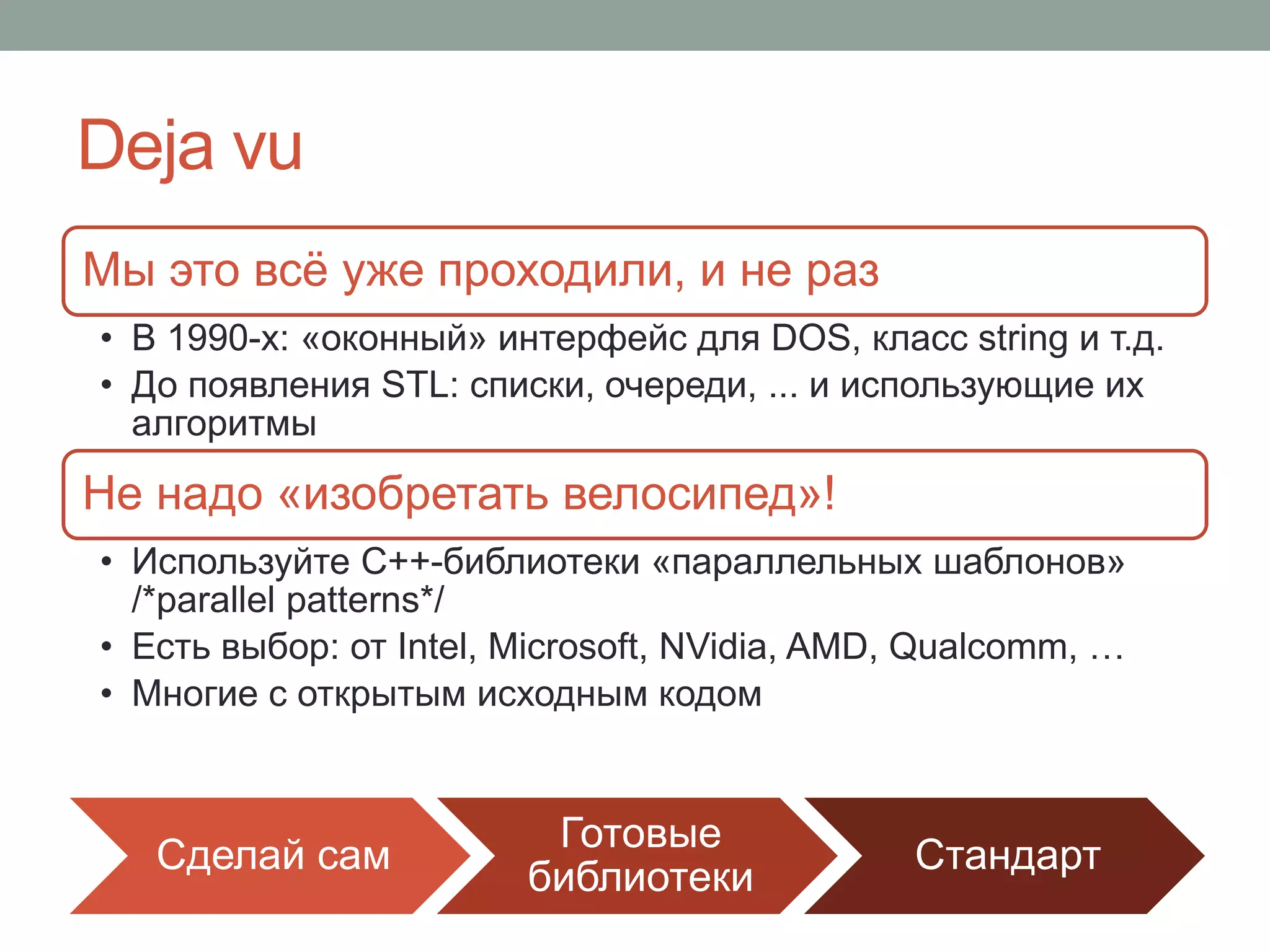 Deja vu
Мы это всё уже проходили, и не раз
• В 1990-х: «оконный» интерфейс для DOS, класс string и т.д.
• До появления STL: списки, очереди, ... и использующие их
алгоритмы
Не надо «изобретать велосипед»!
• Используйте C++-библиотеки «параллельных шаблонов»
/*parallel patterns*/
• Есть выбор: от Intel, Microsoft, NVidia, AMD, Qualcomm, …
• Многие с открытым исходным кодом
Сделай сам
Готовые
библиотеки
Стандарт
 