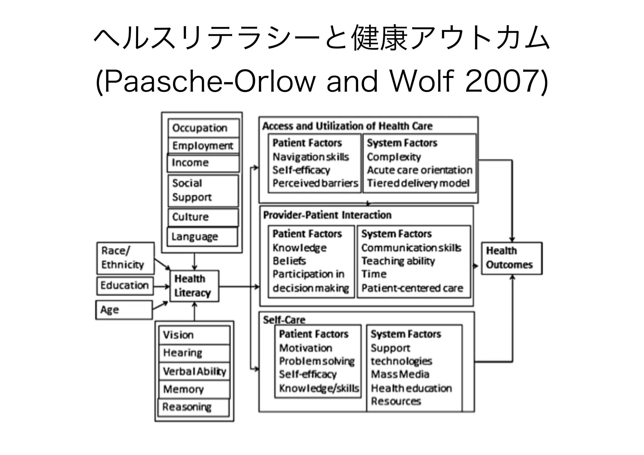 ヘルスリテラシーと健康アウトカム
(Paasche-Orlow and Wolf 2007)
 