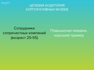 Сотрудники
сопричастных компаний
(возраст 25-55)
Повышение имиджа,
хороший пример
ЦЕЛЕВАЯ АУДИТОРИЯ
КОРПОРАТИВНЫХ МУЗЕЕВ
 
