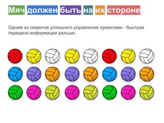 Мяч должен быть на их стороне
Один из секретов успешного управления проектами - быстрая
передача информации дальше.
 