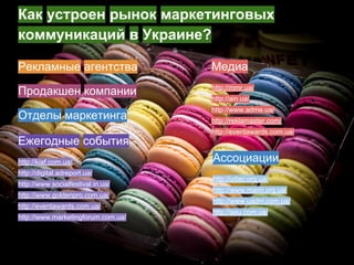 Как устроен рынок маркетинговых
коммуникаций в Украине?
Рекламные агентства
Продакшен компании
Отделы маркетинга
Ежегодные события
http://kiaf.com.ua/
http://digital.adreport.ua/
http://www.socialfestival.in.ua/
http://www.goldenpro.com.ua/
http://eventawards.com.ua/
http://www.marketingforum.com.ua/
Медиа
http://mmr.ua/
http://ain.ua/
http://www.adme.ua/
http://reklamaster.com/
http://eventawards.com.ua/
Ассоциации
http://udac.org.ua/
http://www.mami.org.ua/
http://www.uadm.com.ua/
http://aeu.com.ua/
 