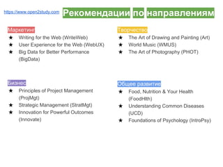 Маркетинг
★ Writing for the Web (WriteWeb)
★ User Experience for the Web (WebUX)
★ Big Data for Better Performance
(BigData)
Бизнес
★ Principles of Project Management
(ProjMgt)
★ Strategic Management (StratMgt)
★ Innovation for Powerful Outcomes
(Innovate)
Творчество
★ The Art of Drawing and Painting (Art)
★ World Music (WMUS)
★ The Art of Photography (PHOT)
Общее развитие
★ Food, Nutrition & Your Health
(FoodHlth)
★ Understanding Common Diseases
(UCD)
★ Foundations of Psychology (IntroPsy)
Рекомендации по направлениямhttps://www.open2study.com
 