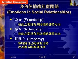 Affective Computing
共 56 頁 37
多角色情緒社群關係多角色情緒社群關係
(Emotions in Social Relationships)(Emotions in Social Relationships)
 友好 (Friendship)
 彼此之間具有共同情緒評價方向
 敵對 (Animosity)
 彼此之間具有相反情緒評價方向
 同理心 (Empathy)
 暫時將自己的推理目標
改為對方的推理目標
05/11/14
 