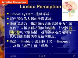 Affective Computing
共 56 頁 27
Limbic PerceptionLimbic Perception
 Limbic system 邊 系統緣
 紅色部分為大腦的邊 系統。緣
 邊 系統乃一術語指包含海馬體及杏仁體緣
在 ，支援多種功能例如內 情緒情緒、行為及長
期記憶的大腦結構。這種被描述為邊 系緣
統的腦部結構與嗅覺結構相近。
 術語「 limbic 」源自拉丁文「 limbus 」
，意指「邊界」或「邊 」。緣
05/11/14
 