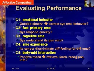 Affective Computing
共 56 頁 52
Evaluating PerformanceEvaluating Performance
 C1: emotional behavior
 Outside observ.  correct sys emo behavior?
 C2: fast primary emo
 Sys respond quickly?
 C3: cognitive emo
 Sys understand its gen emo?
 C4: emo experience
 Its sensor discriminate diff feeling for diff emo?
 C5: body-mid interaction
 Positive mood  retrieve, learn, recog pos.
info?
05/11/14
 