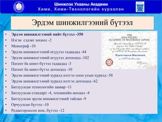 Шинжлэх Ухааны Академи
Х и м и , Х и м и - Тех н ол о г и й н х ү р э эл э н
Эрдэм шинжилгээний бүтээл
• Эрдэм шинжилгээний нийт бүтээл -350
• Нэгэн сэдэвт зохиол -2
• Монограф -10
• Эрдэм шинжилгээний өгүүлэл гадаадад -44
• Эрдэм шинжилгээний өгүүлэл дотоодод -102
• Патент ба шинэ бүтээл гадаадад -3
• Патент ба шинэ бүтэл дотоодод -10
• Эрдэм шинжилгээний хуралд илтгэл олон усын хуралд -58
• Эрдэм шинжилгээний хуралд илтгэл дотоодод -62
• Батлуулсан технологийн заавар -11
• Батлуулсан стандарт -4, техникийн нөхцөл -4
• Батлуулсан эрдэм шинжилгээний тайлан -9
• Орчуулсан бүтээл -10
• Редакторлосон ном, бүтээл -12
 