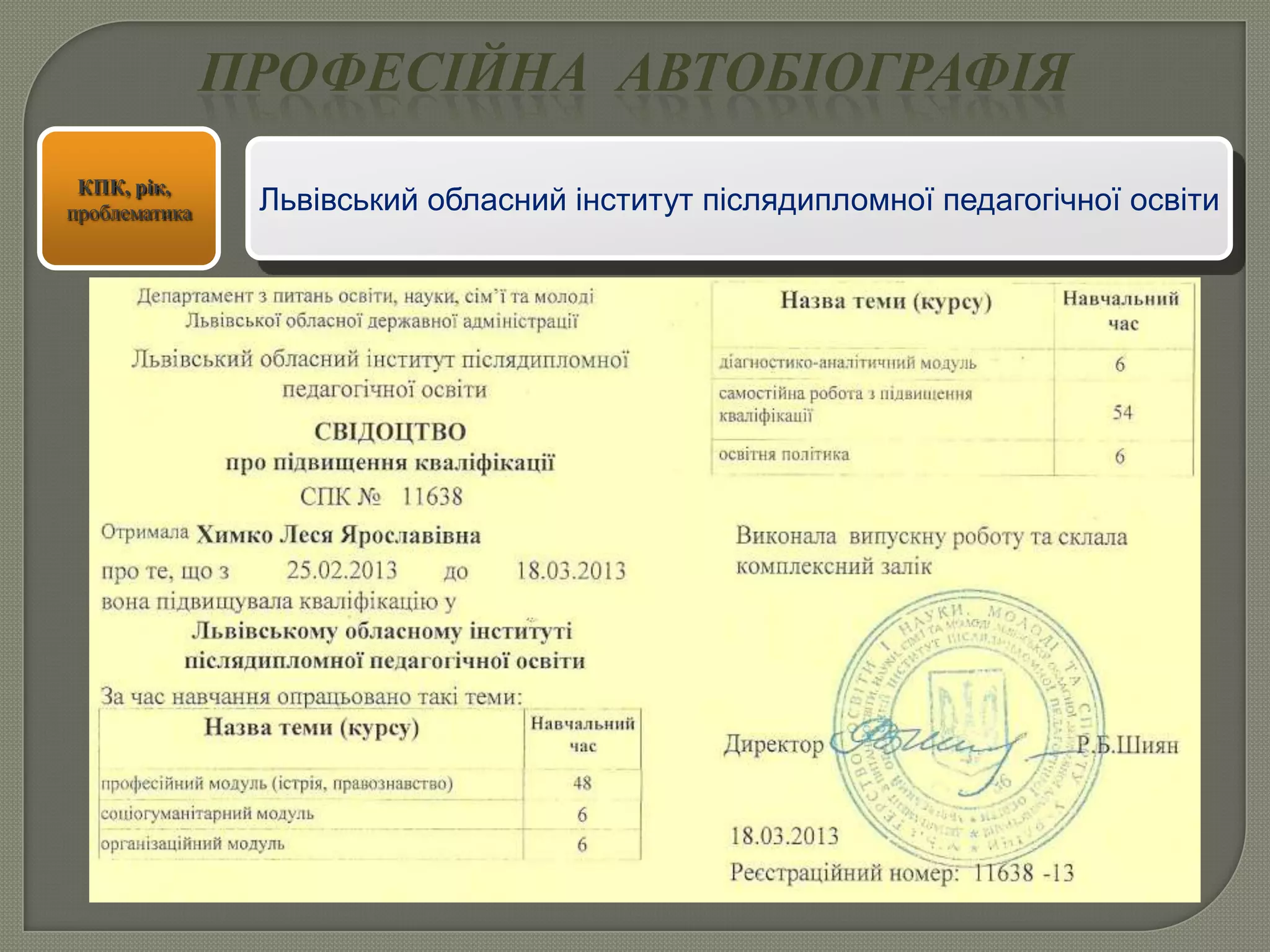 ПРОФЕСІЙНА АВТОБІОГРАФІЯ
КПК, рік,
проблематика Львівський обласний інститут післядипломної педагогічної освіти
 