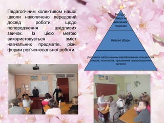 Педагогічним колективом нашої
школи накопичено передовий
досвід роботи щодо
попередження шкідливих
звичок. Із цією метою
використовується зміст
навчальних предметів, різні
форми роз’яснювальної роботи.
Бесіди,
лекції на
виховних
годинах
Класні збори
Диспути із запрошенням кваліфікованих спеціалістів
(лікарів, психологів, працівників правоохоронних
органів)
 