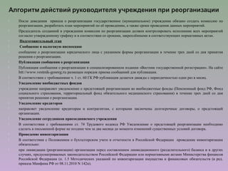  После доведения приказа о реорганизации государственное (муниципальное) учреждение обязано создать комиссию по
реорганизации, разработать план мероприятий по её проведению, а также сроки проведения данных мероприятий.
 Председатель созданной в учреждении комиссии по реорганизации должен контролировать исполнение всех мероприятий
согласно утвержденному графику и в соответствии со сроками, закреплёнными в соответствующих нормативных актах.
 Подготовительный этап
 Сообщение в налоговую инспекцию
 сообщение о реорганизации юридического лица с указанием формы реорганизации в течение трех дней со дня принятия
решения о реорганизации.
 Публикация сообщения о реорганизации
 Публикация сообщения о реорганизации в специализированном издании «Вестник государственной регистрации». На сайте
htt://www.vestnik-gosreg.ru размещен порядок приема сообщений для публикации.
 В соответствии с требованиями ч. 1 ст. 60 ГК РФ публикация делается дважды с периодичностью один раз в месяц.
 Уведомление внебюджетных фондов
 учреждение направляет уведомление о предстоящей реорганизации во внебюджетные фонды (Пенсионный фонд РФ, Фонд
социального страхования, территориальный фонд обязательного медицинского страхования) в течение трех дней со дня
принятия решения о реорганизации.
 Уведомление кредиторов
 направляет уведомление кредиторам и контрагентам, с которыми заключены долгосрочные договоры, о предстоящей
организации.
 Уведомление сотрудников присоединяемого учреждения
 В соответствии с требованиями ст. 74 Трудового кодекса РФ Уведомление о предстоящей реорганизации необходимо
сделать в письменной форме не позднее чем за два месяца до момента изменений существенных условий договора.
 Проведение инвентаризации
 В соответствии с Положением о бухгалтерском учете и отчетности в Российской Федерации проведение инвентаризации
обязательно:
 при ликвидации (реорганизации) организации перед составлением ликвидационного (разделительного) баланса и в других
случаях, предусматриваемых законодательством Российской Федерации или нормативными актами Министерства финансов
Российской Федерации (п. 1.5 Методических указаний по инвентаризации имущества и финансовых обязательств (в ред.
приказа Минфина РФ от 08.11.2010 N 142н).
 