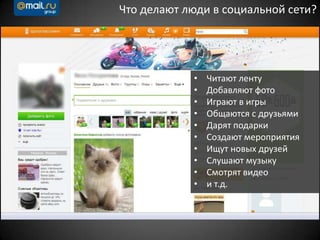 Что делают люди в социальной сети?
• Читают ленту
• Добавляют фото
• Играют в игры
• Общаются с друзьями
• Дарят подарки
• Создают мероприятия
• Ищут новых друзей
• Слушают музыку
• Смотрят видео
• и т.д.
 