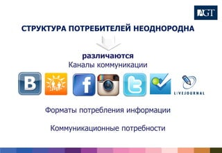 СТРУКТУРА ПОТРЕБИТЕЛЕЙ НЕОДНОРОДНА
различаются
Каналы коммуникации
Форматы потребления информации
Коммуникационные потребности
foursquare
 