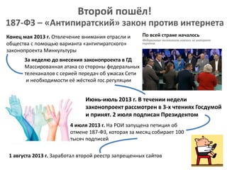 Второй пошёл!
187-ФЗ – «Антипиратский» закон против интернета
Конец мая 2013 г. Отвлечение внимания отрасли и
общества с помощью варианта «антипиратского»
законопроекта Минкультуры
За неделю до внесения законопроекта в ГД
Массированная атака со стороны федеральных
телеканалов с серией передач об ужасах Сети
и необходимости её жёсткой гос.регуляции
Июнь-июль 2013 г. В течении недели
законопроект рассмотрен в 3-х чтениях Госдумой
и принят. 2 июля подписан Президентом
4 июля 2013 г. На РОИ запущена петиция об
отмене 187-ФЗ, которая за месяц собирает 100
тысяч подписей
1 августа 2013 г. Заработал второй реестр запрещенных сайтов
 