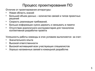 Процесс проектирования ПО
Отличие от проектирования аппаратуры:
• Новая область знаний
• Больший объем данных – количество связей и типов проектных
решений
• Скорость реализация требований.
• Больше информации нужно держать и связывать в памяти
• Отсутствие аналогичного инструментария для технологии
коллективной разработки проекта
Успешность работы команды в этих условиях выполняется за счет:
• Значительного опыта
• Высокой ответственности
• Высокой мотивацией всех участвующих специалистов
• Хорошо налаженных связей в командной разработке
5
 