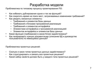 Разработка модели
Проблематика по типовому процессу проектирования ПО:
• Как избежать дублирования одних и тех же функций?
• Как сократить время на поиск мест, затрагиваемых изменением требований?
• Как увидеть связанные элементы:
– Требований и элементов базы данных
– Требований и блоками программной реализации
– Требований и элементов интерфейса
– Элементами интерфейса и программной реализацией
– Элементов интерфейса и элементов базы данных
• Какая функция (требование) в каком блоке задействована?
• Как генерировать нужную документацию (описание БД и руководство
пользователя) по имеющимся данным?
Проблематика проектных решений:
- Сколько и каких типов проектных данных задействовано?
- Как структурировать и связать все проектные решения?
- Какой набор свойств должен быть у каждого типа проектных решений?
7
 