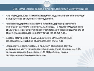 25
 Наш подход нацелен на максимизацию выгоды компании от инвестиций
в медицинское обслуживание сотрудников.
 Расходы предприятия на заботу о жизни и здоровье работников
уменьшают базу налога на прибыль. Расходы на годовое медицинское
обслуживание вычитаются из налогооблагаемой базы в пределах 6% от
общей суммы расходов на оплату труда (НК ст.255 п.16).
 Доходы сотрудников в виде медицинских услуг, оплаченных
работодателем, НДФЛ не облагаются, (НК ст.213 п.3).
 Если работник самостоятельно произвел расходы на покупку
медицинских услуг, то законодательно закреплено возмещение 13%
от суммы расходов (но не более 120 000 руб.) при подаче
декларации в налоговую инспекцию.
Экономическая выгода для предприятия и сотрудников
 
