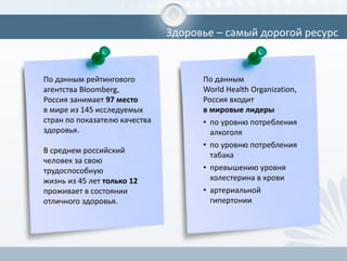 Здоровье – самый дорогой ресурс
По данным рейтингового
агентства Bloomberg,
Россия занимает 97 место
в мире из 145 исследуемых
стран по показателю качества
здоровья.
В среднем российский
человек за свою
трудоспособную
жизнь из 45 лет только 12
проживает в состоянии
отличного здоровья.
По данным
World Health Organization,
Россия входит
в мировые лидеры
• по уровню потребления
алкоголя
• по уровню потребления
табака
• превышению уровня
холестерина в крови
• артериальной
гипертонии
 