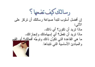 ‫ﻋﻠﻰ‬ ‫ﺘﺭﻜﺯ‬ ‫ﺃﻥ‬ ‫ﺭﺴﺎﻝﺘﻙ‬ ‫ﺼﻴﺎﻏﺔ‬ ‫ﻝﺘﺒﺩﺃ‬ ‫ﺃﺴﻠﻭﺏ‬ ‫ﺃﻓﻀل‬ ‫ﺇﻥ‬
‫ﺍﻵﺘﻲ‬:
‫ﺫﺍﺘﻙ‬ ‫ﺃﻱ‬ ‫ﺘﻜﻭﻥ؟‬ ‫ﺃﻥ‬ ‫ﺘﺭﻴﺩ‬ ‫ﻤﺎﺫﺍ‬.
‫ﻭﺇﻨﺠﺎﺯﺍﺘﻙ‬ ‫ﺇﺴﻬﺎﻤﺎﺘﻙ‬ ‫ﺃﻱ‬ ‫ﺘﻔﻌل؟‬ ‫ﺃﻥ‬ ‫ﺘﺭﻴﺩ‬ ‫ﻤﺎﺫﺍ‬.
‫ﺍﻝﻘﻴﻡ‬ ‫ﺃﻱ‬ ‫ﺃﻓﻌﺎﻝﻙ؟‬ ‫ﻪ‬‫ﺠ‬‫ﻭﺘﻭ‬ ‫ﺫﺍﺘﻙ‬ ‫ﻥ‬‫ﻭ‬‫ﺘﻜ‬ ‫ﺍﻝﺘﻲ‬ ‫ﺍﻝﻘﺎﻋﺩﺓ‬ ‫ﻫﻲ‬ ‫ﻤﺎ‬
‫ﺘﺘﺒﻨﺎﻫﺎ‬ ‫ﺍﻝﺘﻲ‬ ‫ﺍﻷﺴﺎﺴﻴﺔ‬ ‫ﻭﺍﻝﻤﺒﺎﺩﺉ‬.
 